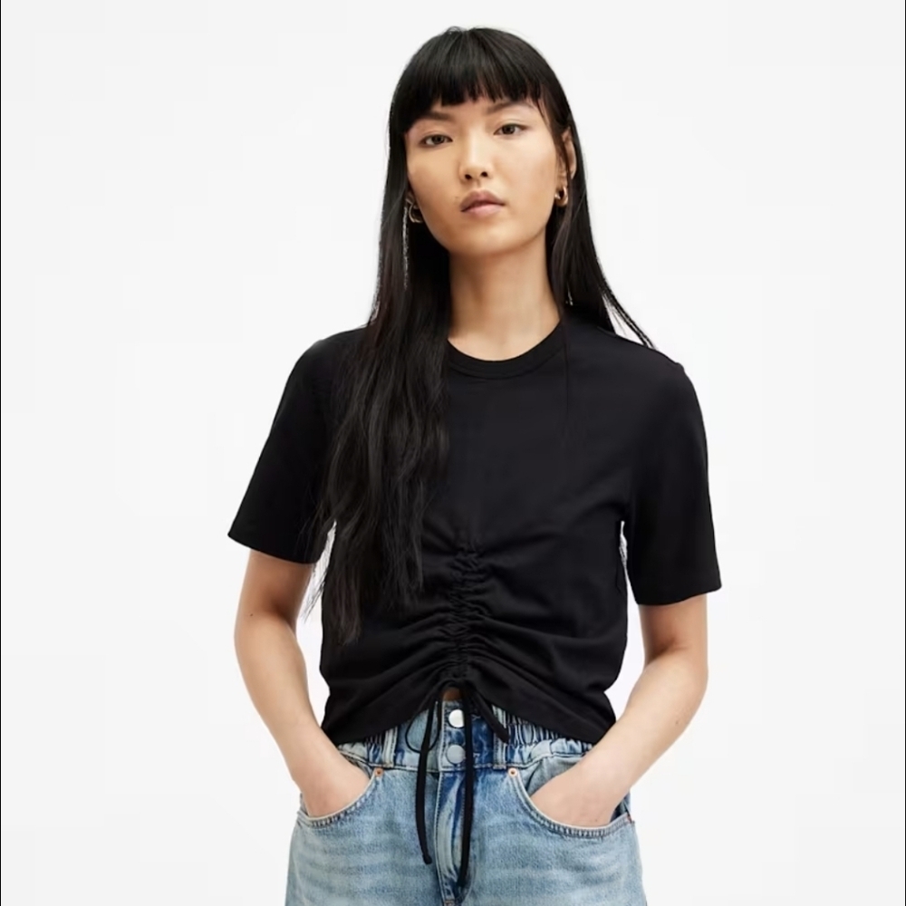 NWT All Saints Gia Black Ruched Short Sleeve Tee